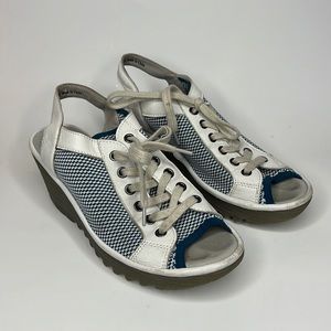 FLY LONDON Yedu Lace-up Wedge Sandal In White/ Blue Mousse/ Knit Size 38